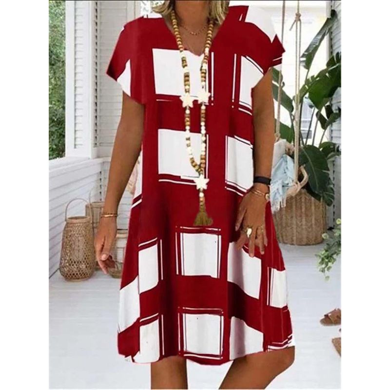 Summer Lattice Print Casual Dress Women's V-neck Short Sleeve Vintage Dresses For Women Plus Size Beach Boho Loose Midi Dress