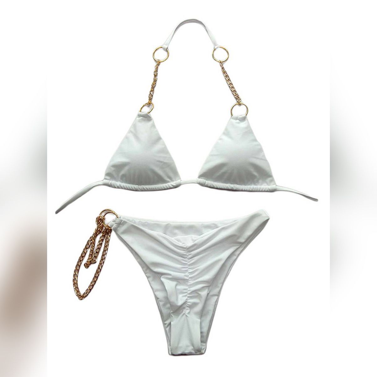 Women’s Personality Chain Bikini Suits  Backless Halter Top and Tight Mid Waist Thong Split Swimsuit