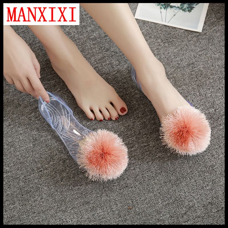 Fashion WomenBeach Flat Sandals Hairball Inlay Shoes For Women （35-40 Size）