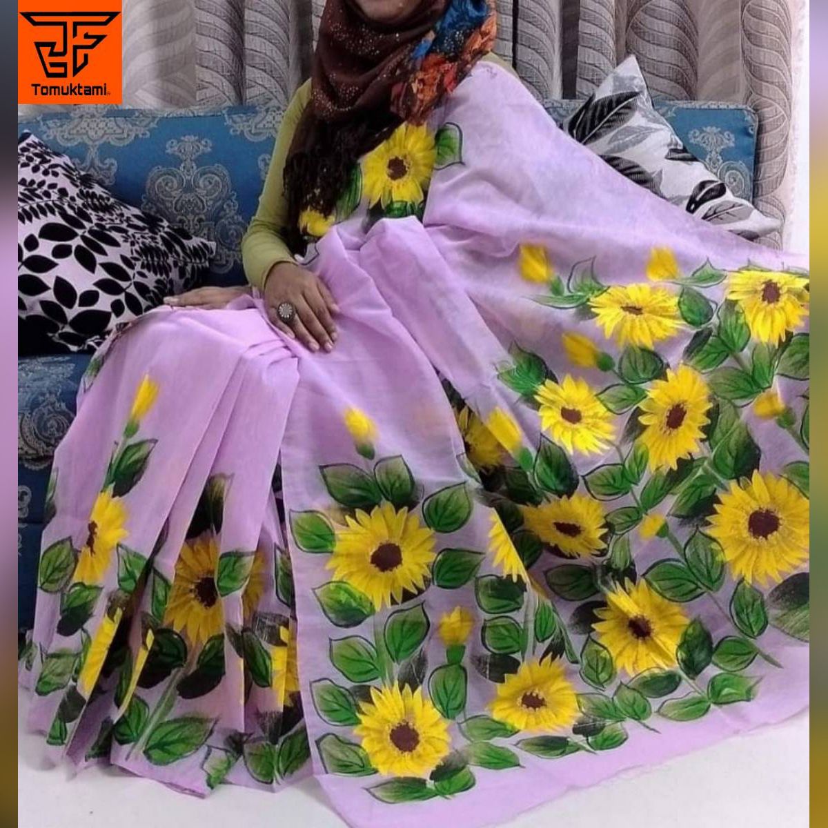 Hand Painted Sunflower Halfsilk saree for women By Tomuktami