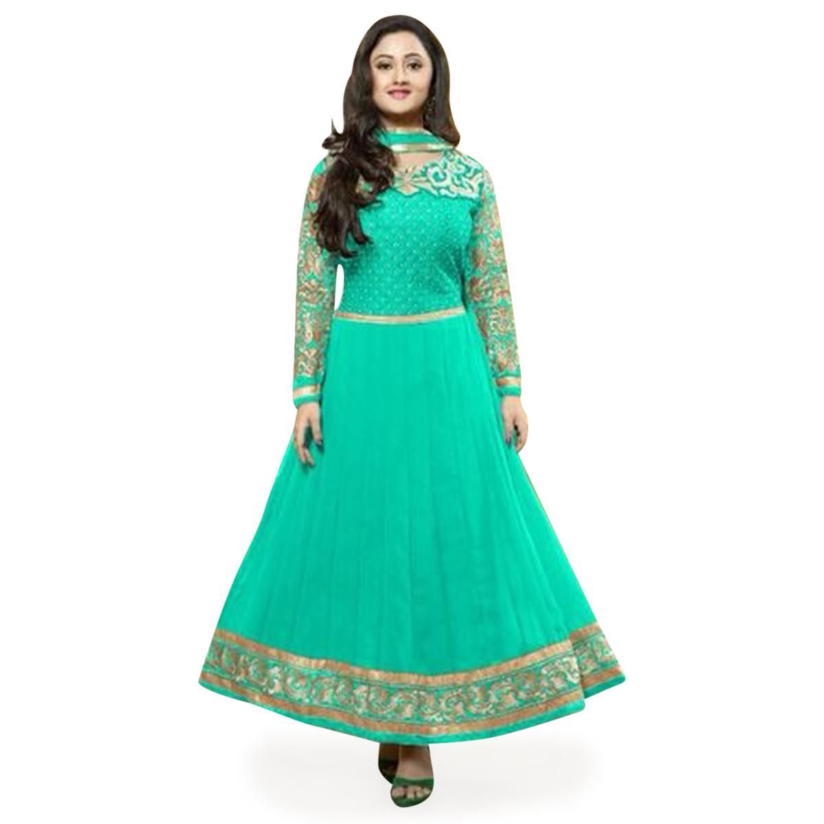 Exclusive Unstitched Cyan Cotton Block Printed Salwar Kameez For Women