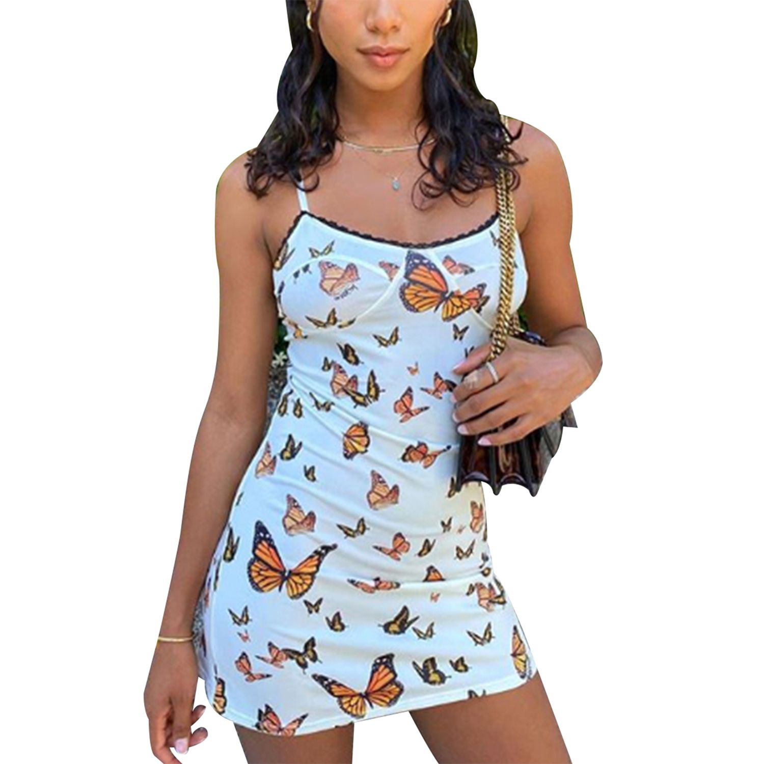 Women's Bodycon Cami Dress,  Cherry Butterfly Floral Print Sleeveless Spaghetti Strap Tight Mini Dress