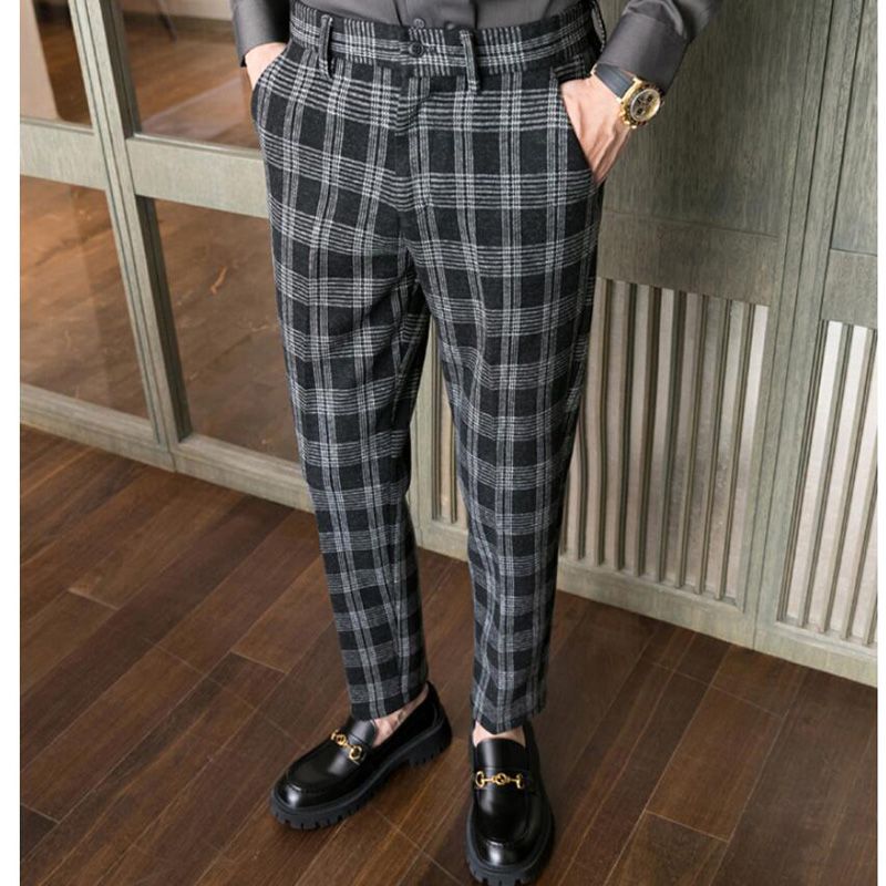 2021 Men's Formal Trousers New Men's Brown Classic Plaid Suit Pants Men's Casual Men's Clothing Business Slim Office Dress Pants