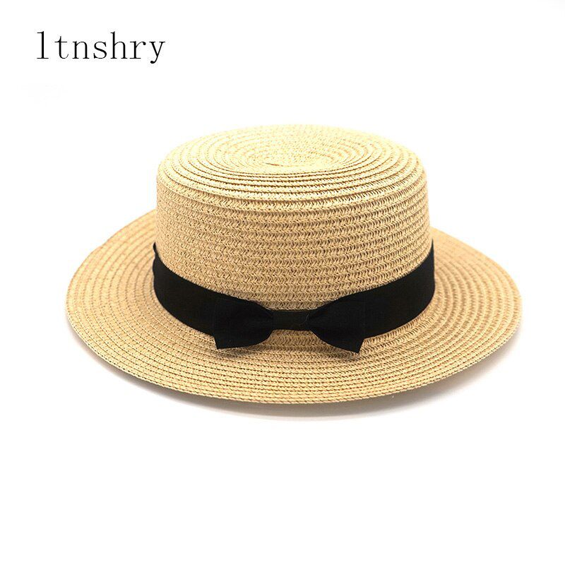 2019 simple Female Casual Panama Parent-child Hat Beach Hat Lady Women Flat Bowknot Straw cap glris Sun Hat