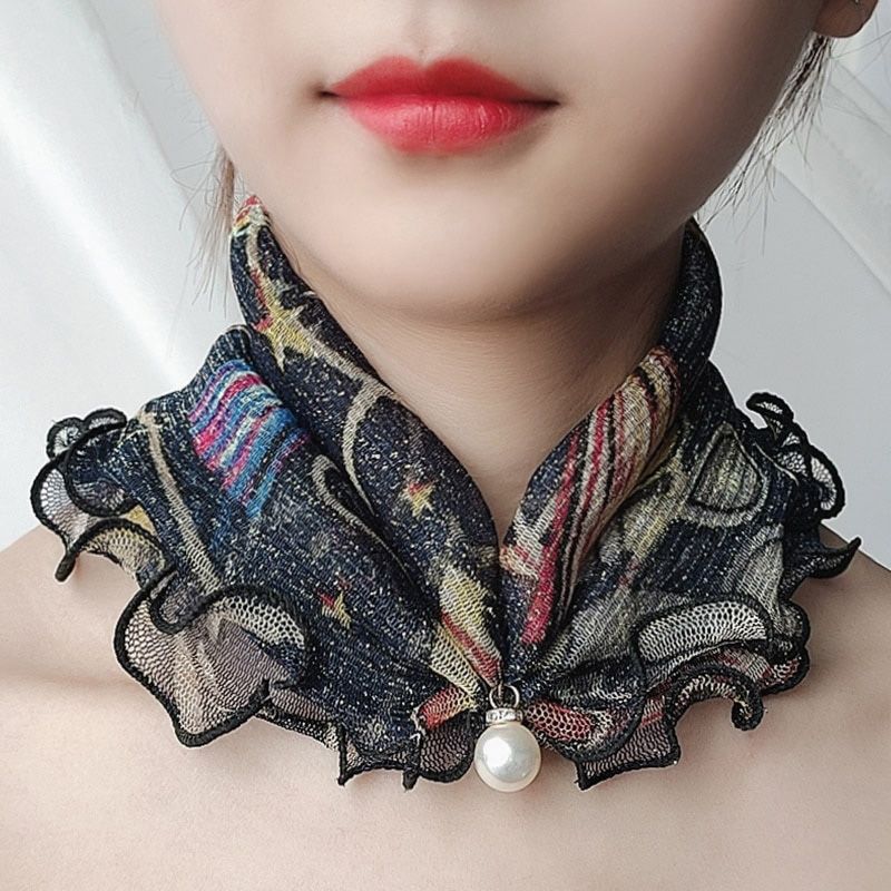 Fashion Lace Variety Scarf Necklace Creative Fake Pearl Pendant Scarf Chiffon Loop Scarf For Women Clothing Accessories