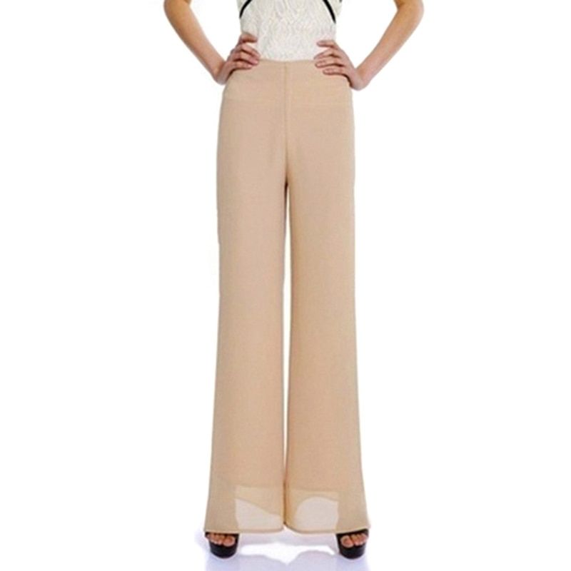 Summer Female Wide Leg Pants Womens High Waist Double Layers Split Chiffon Pants Loose Black Elegant Trousers