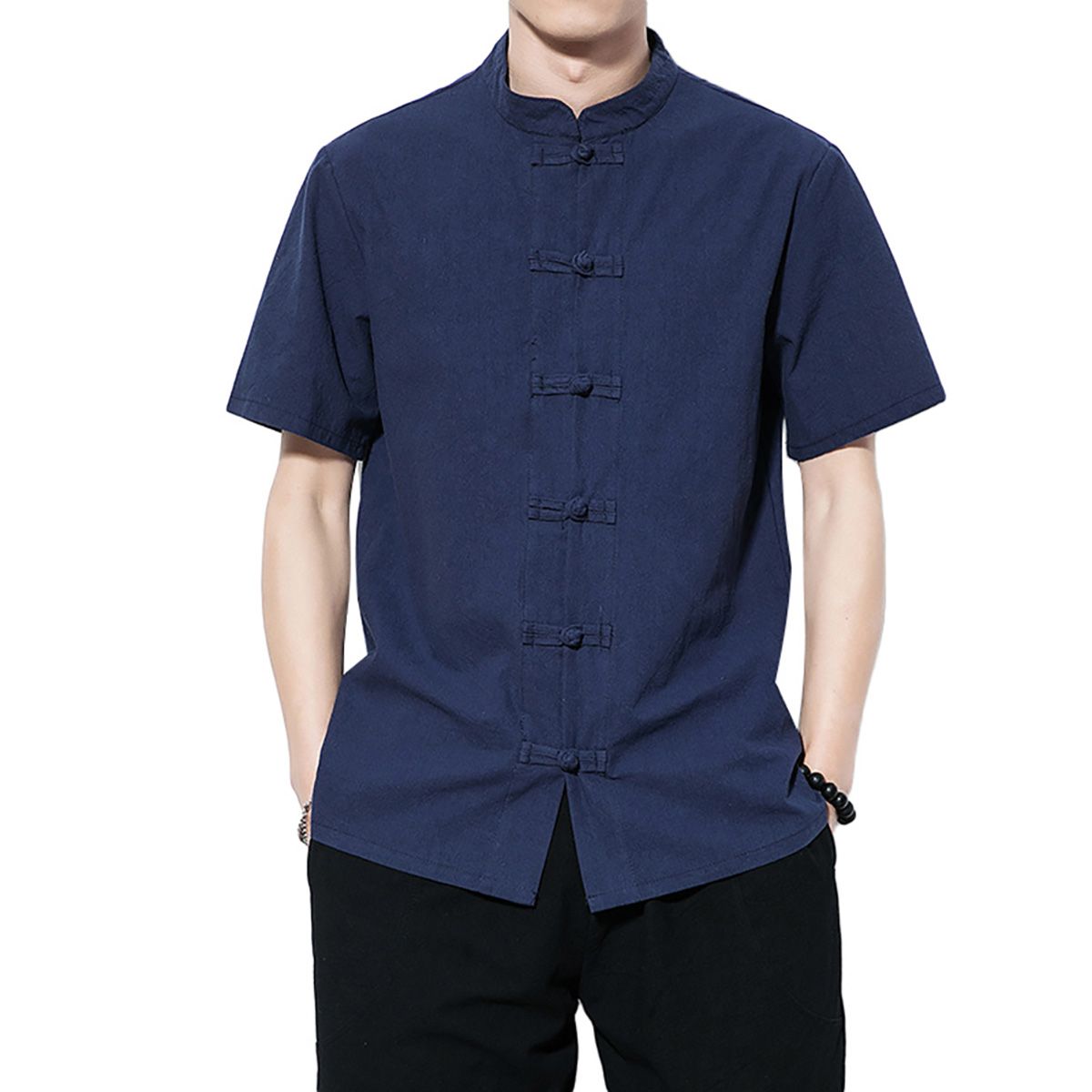 Men Solid Color Stand Collar Short Sleeve Loose Shirt Chinese Style Tang Suit