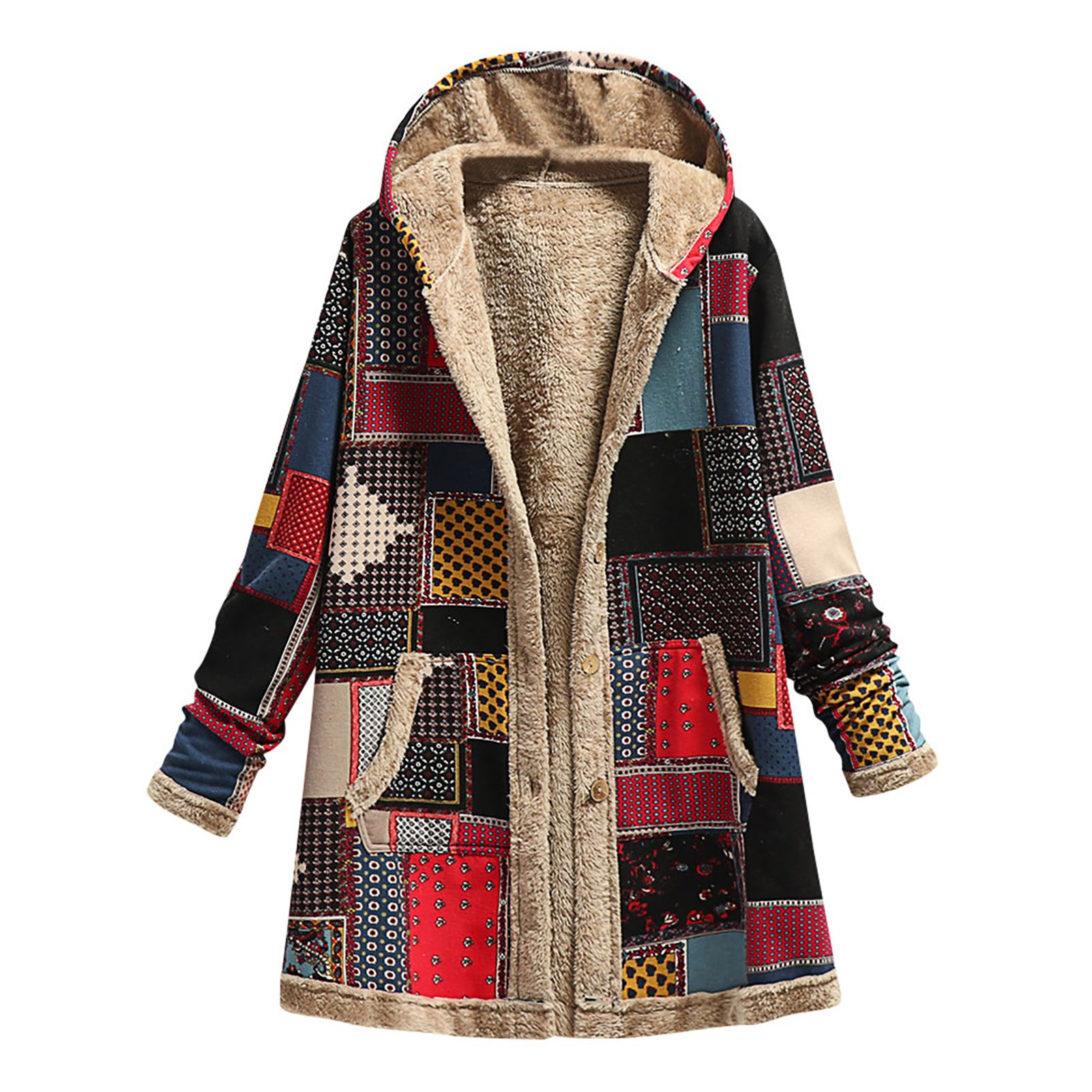 Ladies Outwear Long Sleeve Warm Printed Thick Fleece Coat