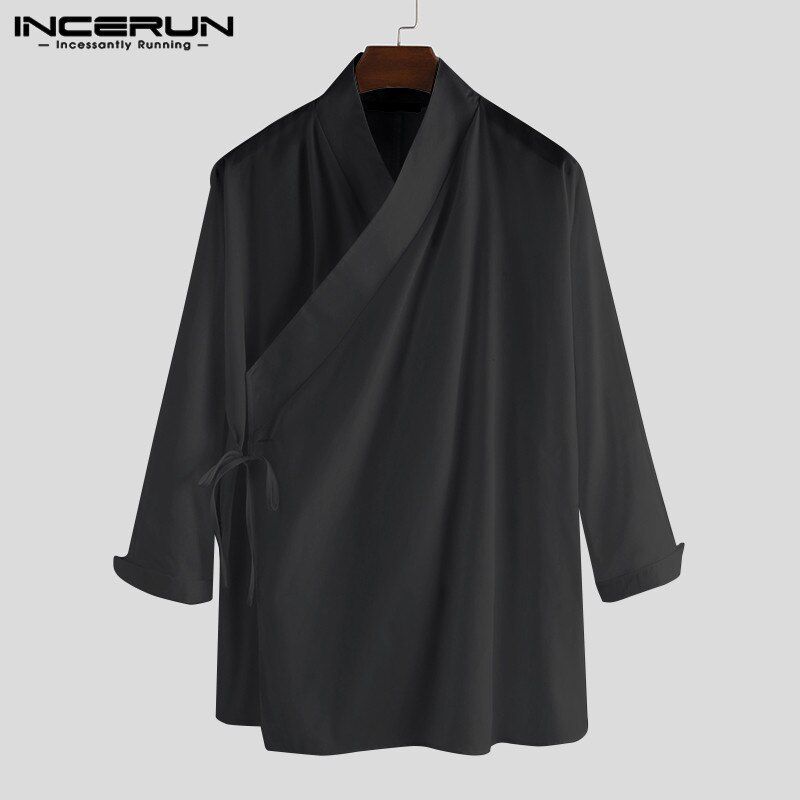2021 Mens Shirts Chinese Style Solid Color Men Shirt Retro Stand Collar Hanfu Elegant Camisa Vintage Lace Up Long Sleeve S-5XL