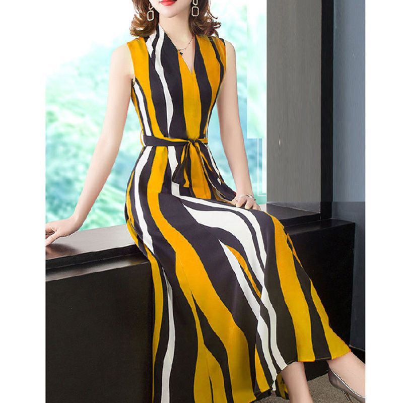 Women Dress Sleeveless V-neck Skirt d-length Striped Print Dress color