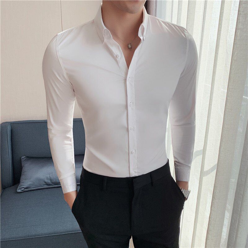 British Style Plus Size 5XL-M Gentlemen Tuxedo Long Sleeve Shirt Men Clothing 2021 Slim Fit Embroidery Formal Wear Blouse Homme