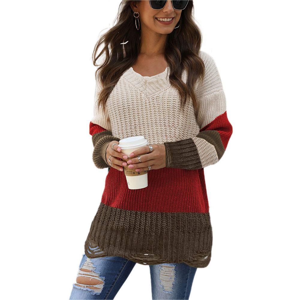 Knitted Sweater for Women Beautiful and Fashionable Simple and Unique Style V-Shaped Collar and Long Sleeve Knitted Sweater with Color Matching Design and Frayed Flounce Hem for Women