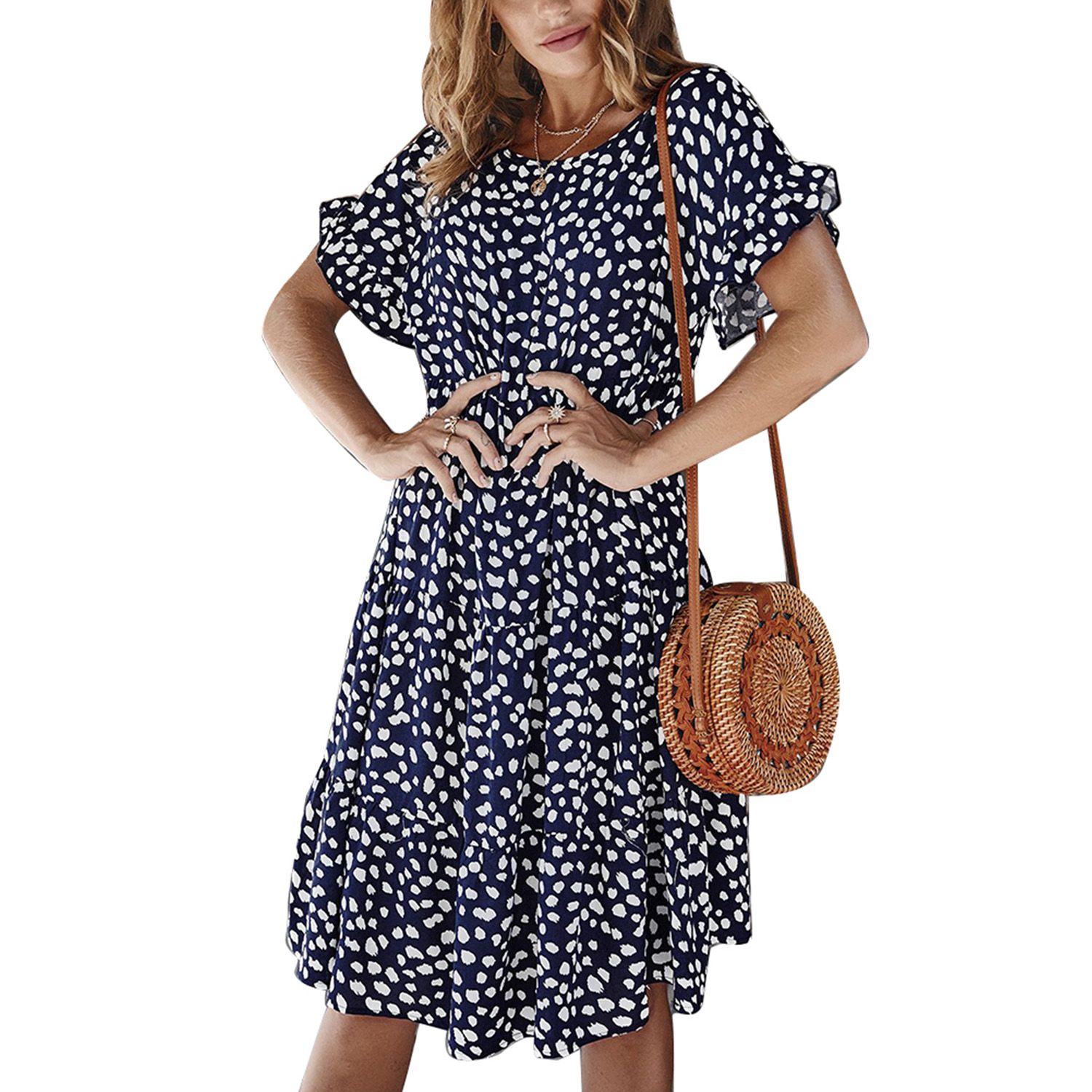 2021 Women Dots Printed Ruffle Dress, Round Neck Short Sleeve Loose Pleated Smock Dress