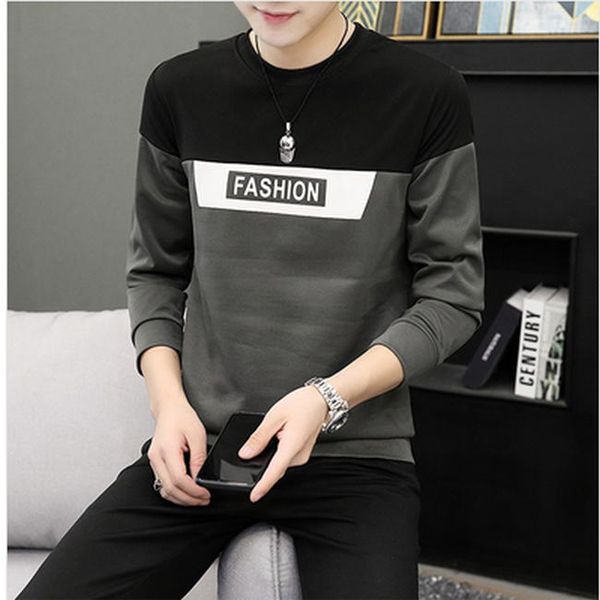 recomendado nuevo listado moda ocio versión coreana hombre enrejado auto-cultivo cuello redondo manga larga sudadera el