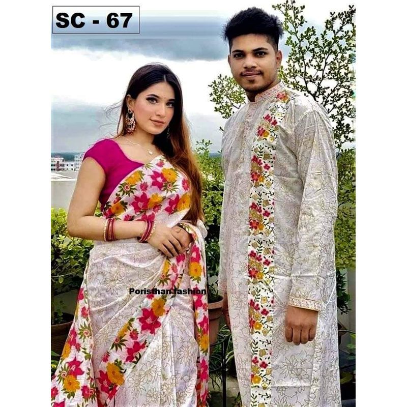 Block Print Half Silk Saree & Dhupian Silk Panjabi Combo For Couple - Panjabi