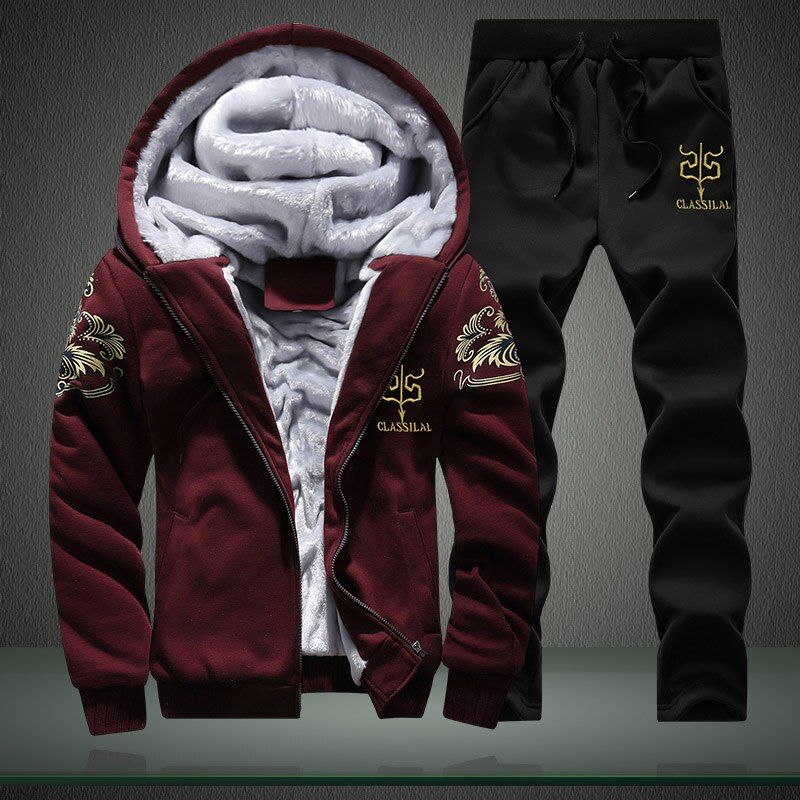 Winter Inner Fleece Hoodies Men Casual Hooded Warm Sweatshirts Male Thicken Tracksuit 2PC Jacket+Pant Men Moleton Masculino