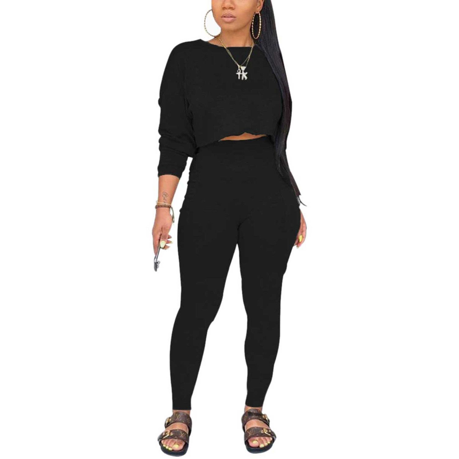 2021 Women’s Two Piece Home Clothes Fashion Solid Color Long Sleeve Pullover Top and High Waist Pocket