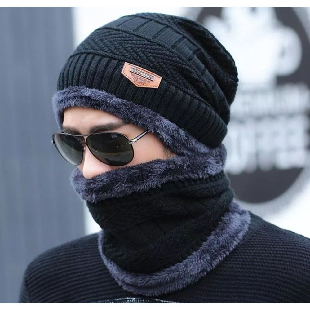 Neck warmer knitted hat scarf set fur Wool Lining Thick Warm Knit beanies balaclava Winter Hat tupi