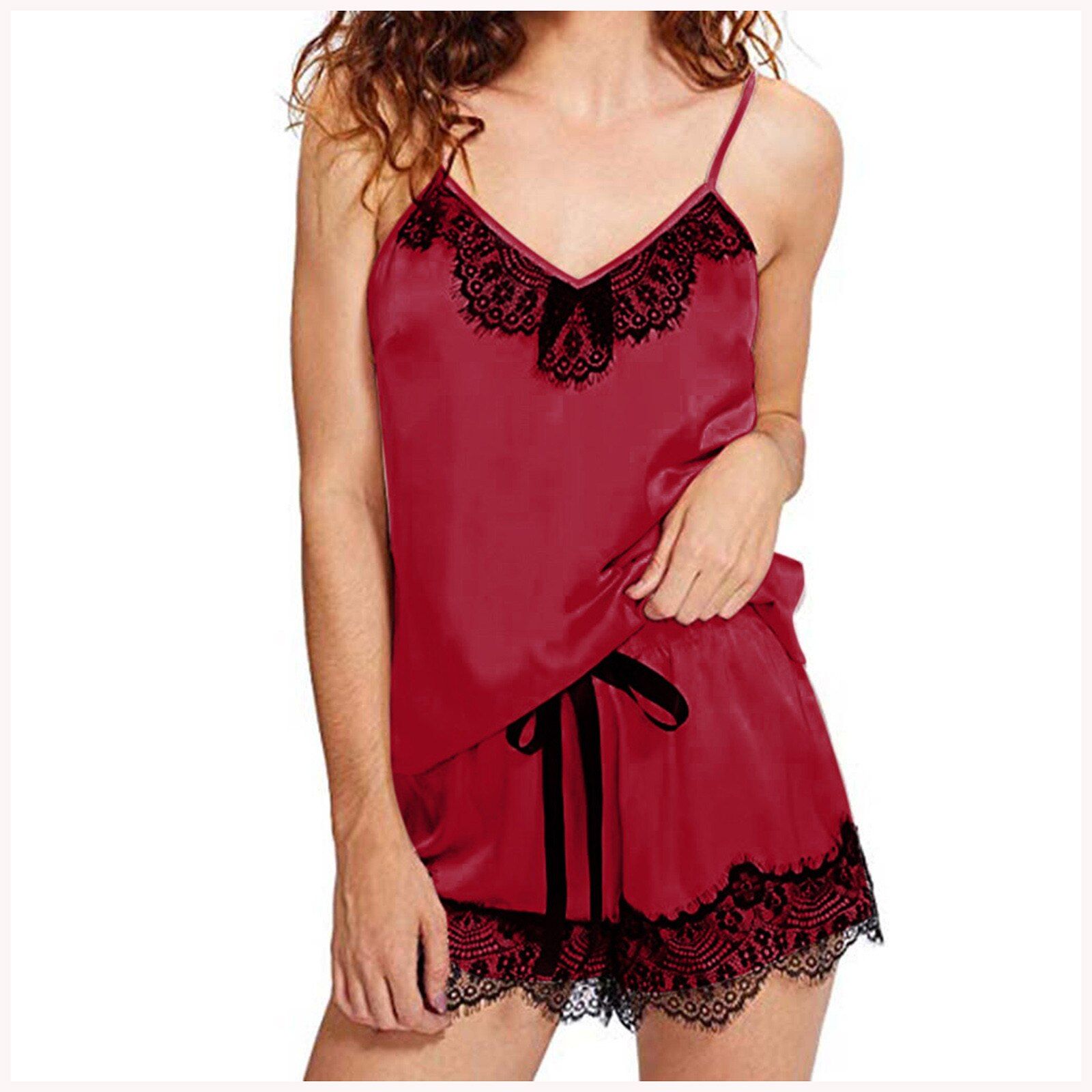 y Pajama Set Women Satin Sleepwear Female Lace V-neck Pyjamas Sleeveless Underwear y Cami Top And Shorts Set 2pcs Homewear