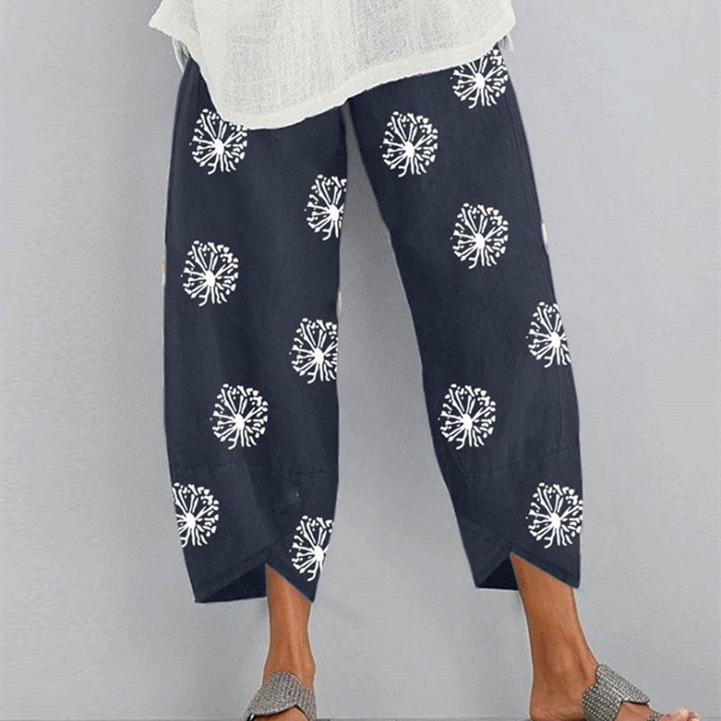 Vintage Summer Linen Pants Women Casual Harem Pants Floral Printed Elastic Waist Wide Leg Pants Female Loose Trousers Plus Size