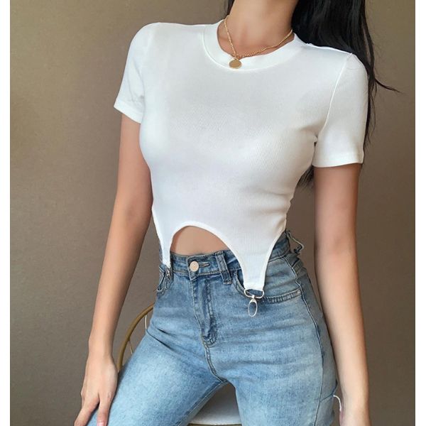 Women's Cropped Shirt, Summer Top, Elastic Party Round Neck Shorts Sleeve Hollow Hem Clothes