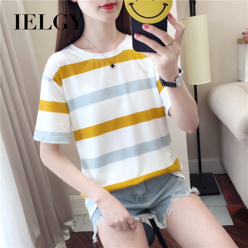IELGY Striped short-sleeved t-shirt female round neck loose top