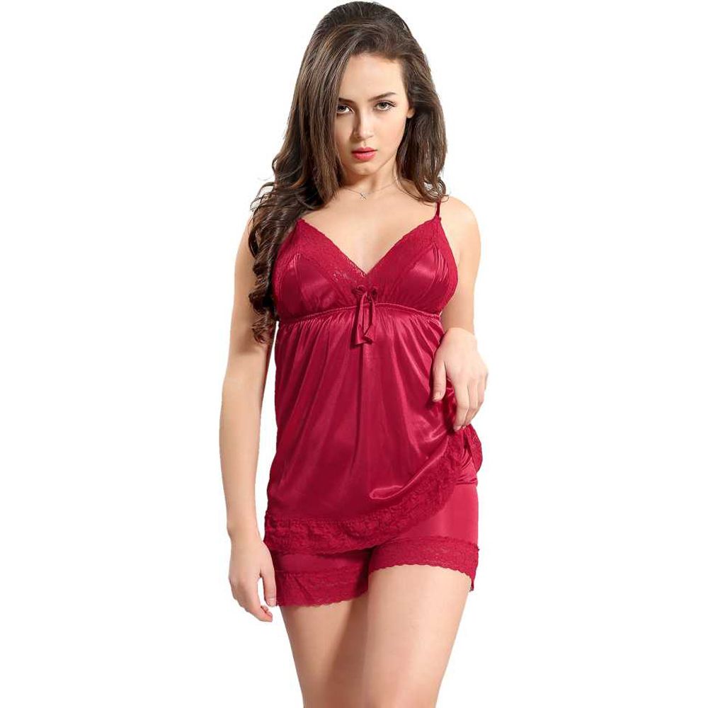 Fashionable and Comfortable Women's Satin Night Suit Set (Top and shorts)-1
