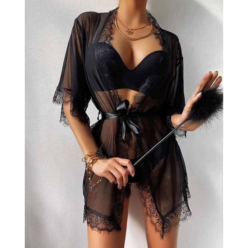 Women Mesh Coat, See-Through Shirt, Ruffle Open Front Short Sleeve Summer Lace Sleeping Smock
