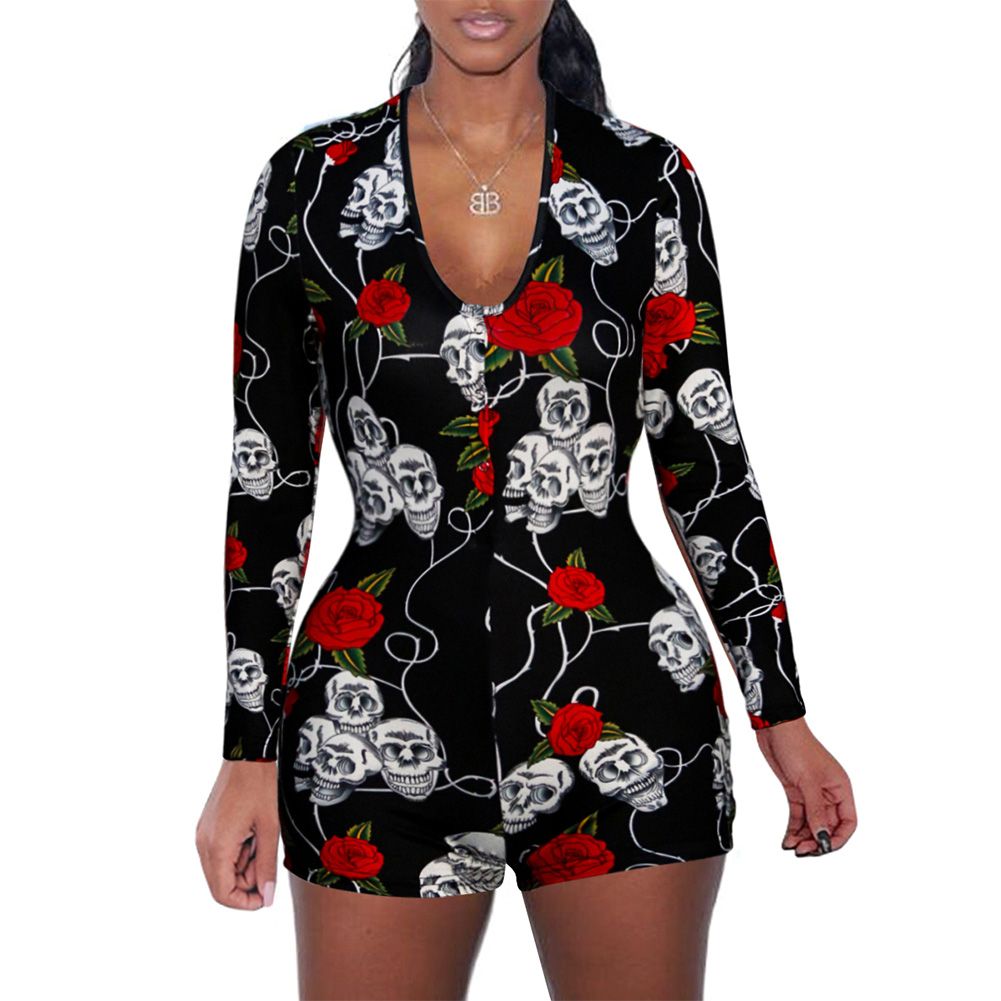 Women Sexy Deep V Jumpsuit Cute Panda Print Long Sleeve Buttoned Bodysuit Tracksuit