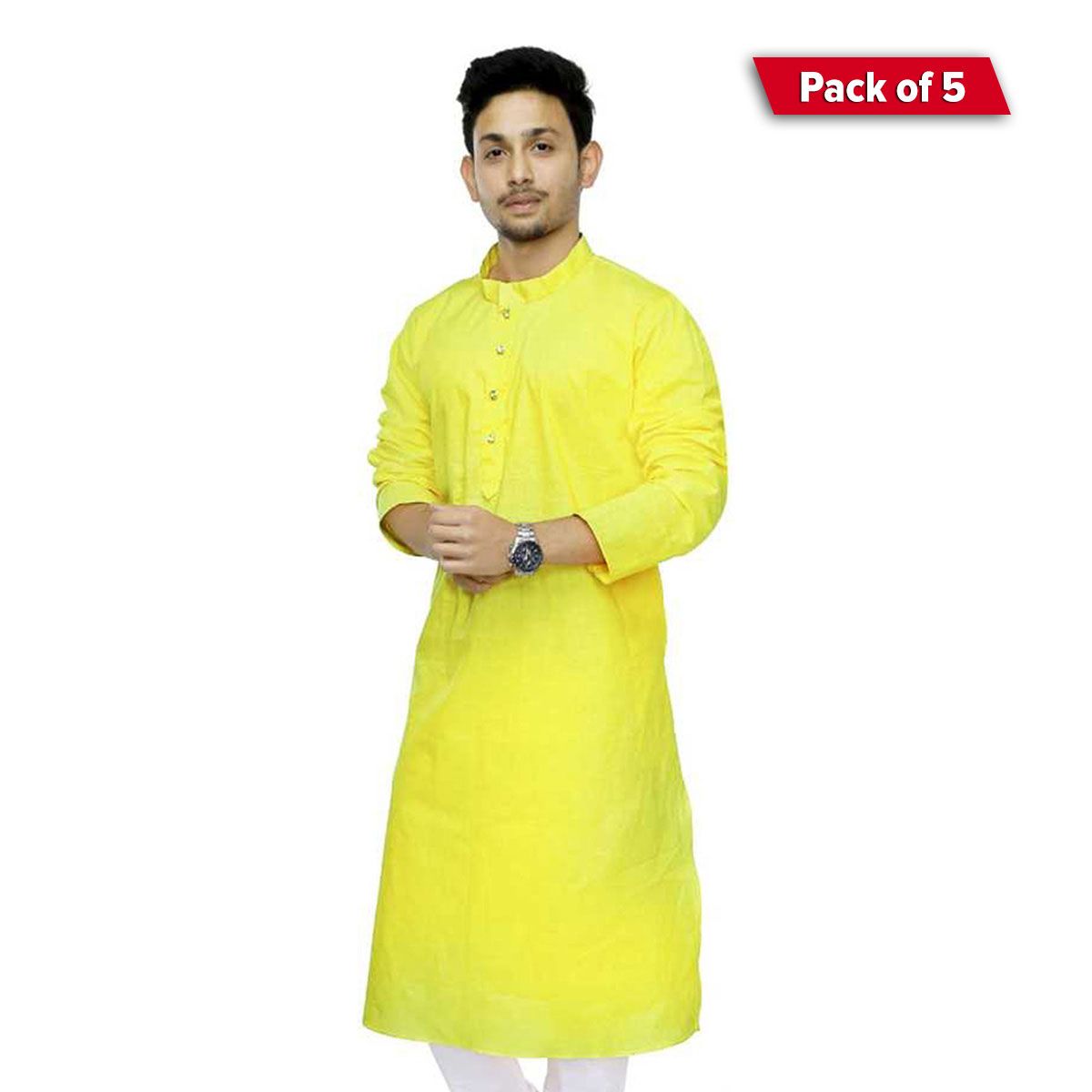 Pack of 5- Special Cotton Panjabi for Men - Yellow - NZ-13052