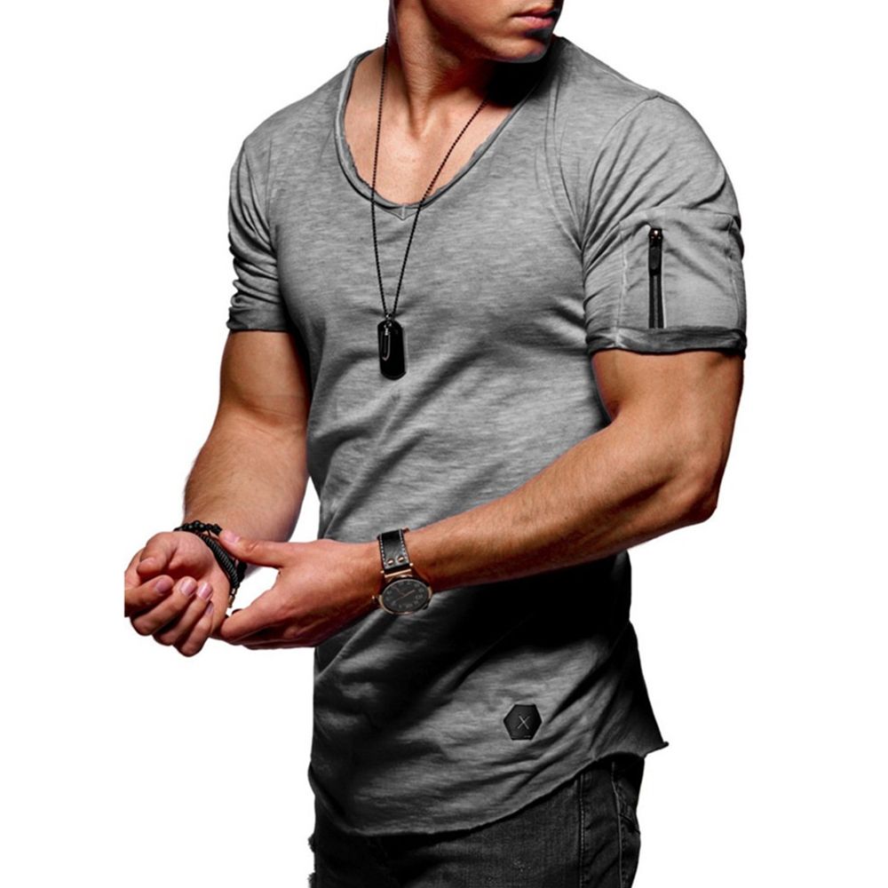Summer Men Plus Size Solid Color Zipper Short Sleeve V Neck Basic Top T-Shirt