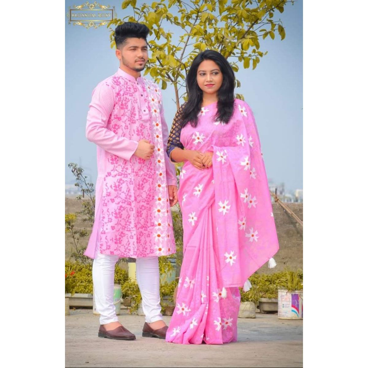 Exclusive Designer Less work Ash Magenta Block Print Half Silk Saree & Dhupian Silk Panjabi Combo For Couple