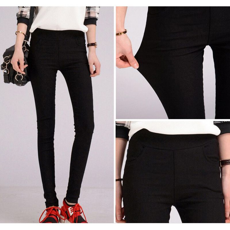 lady casual street fashion blended cotton slim pencil pants women ankle length skinny pant solid black button pocket trousers
