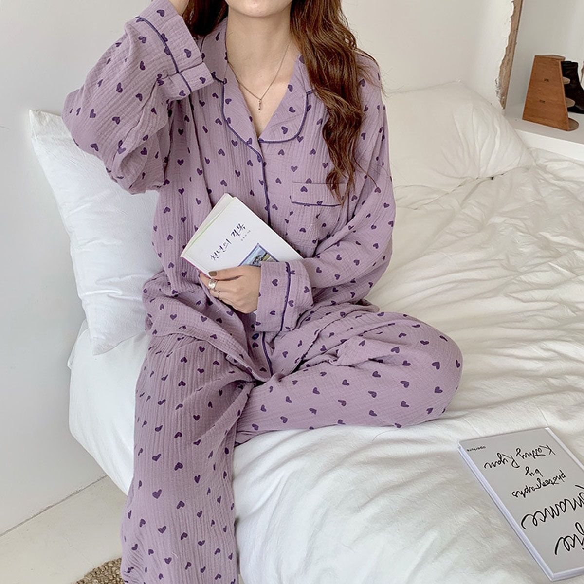 Autumn Winter Sleepwear 2 Pieces Sets For Women's Cotton Pajamas Turn-down Collar Homewear Large Size Pijama Pyjama Female