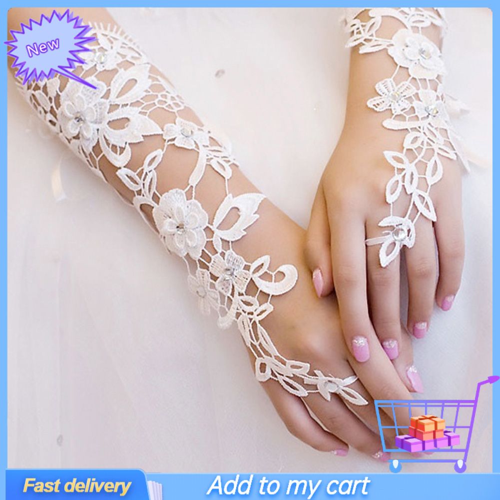 1 Pair White Lace Floral Bride Wedding Party Evening Dress Fingerless Gloves