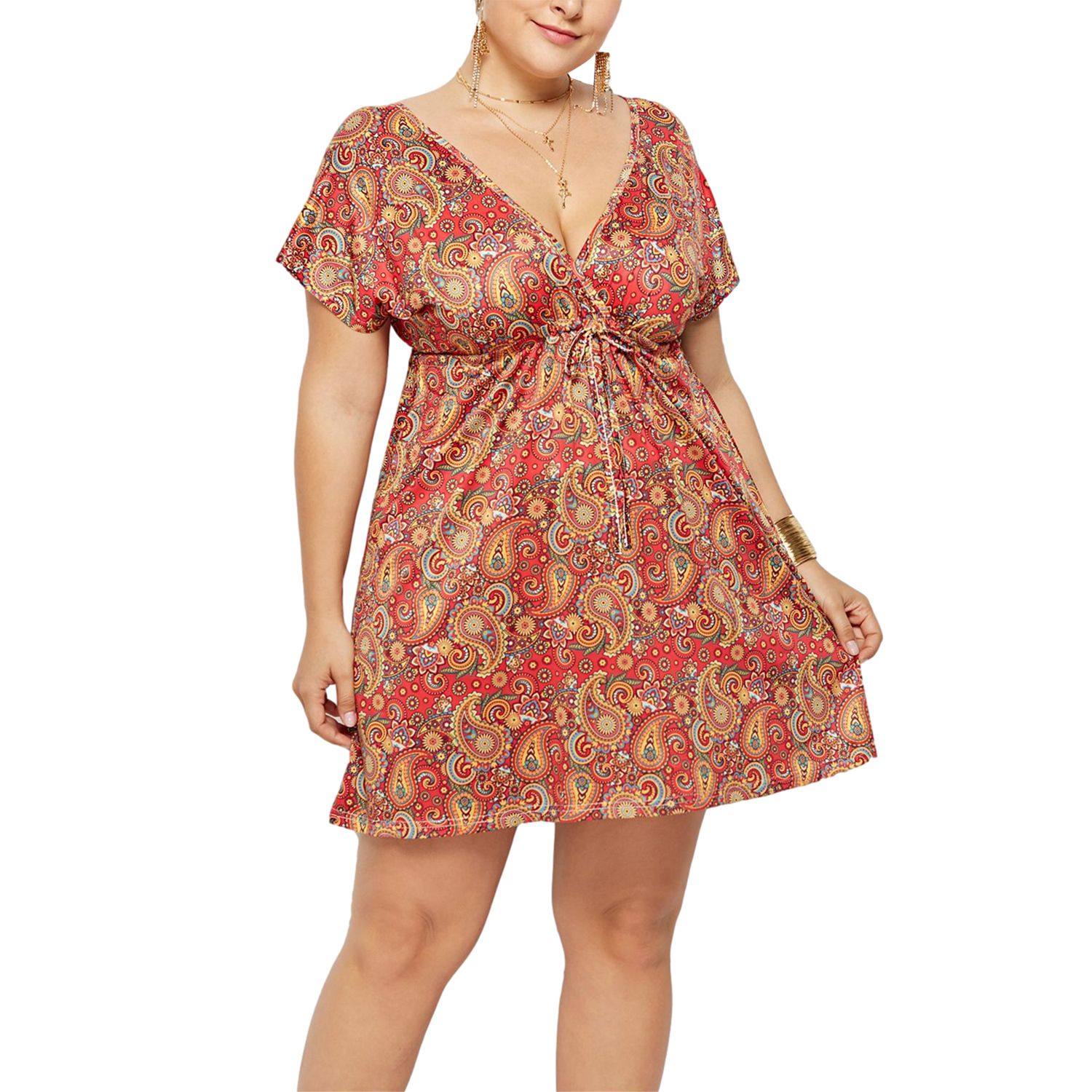 Women Summer Dress, Ladies Multicolor Printed Deep V-Neck Short Sleeves Backless Skirt with Drawstring Waist