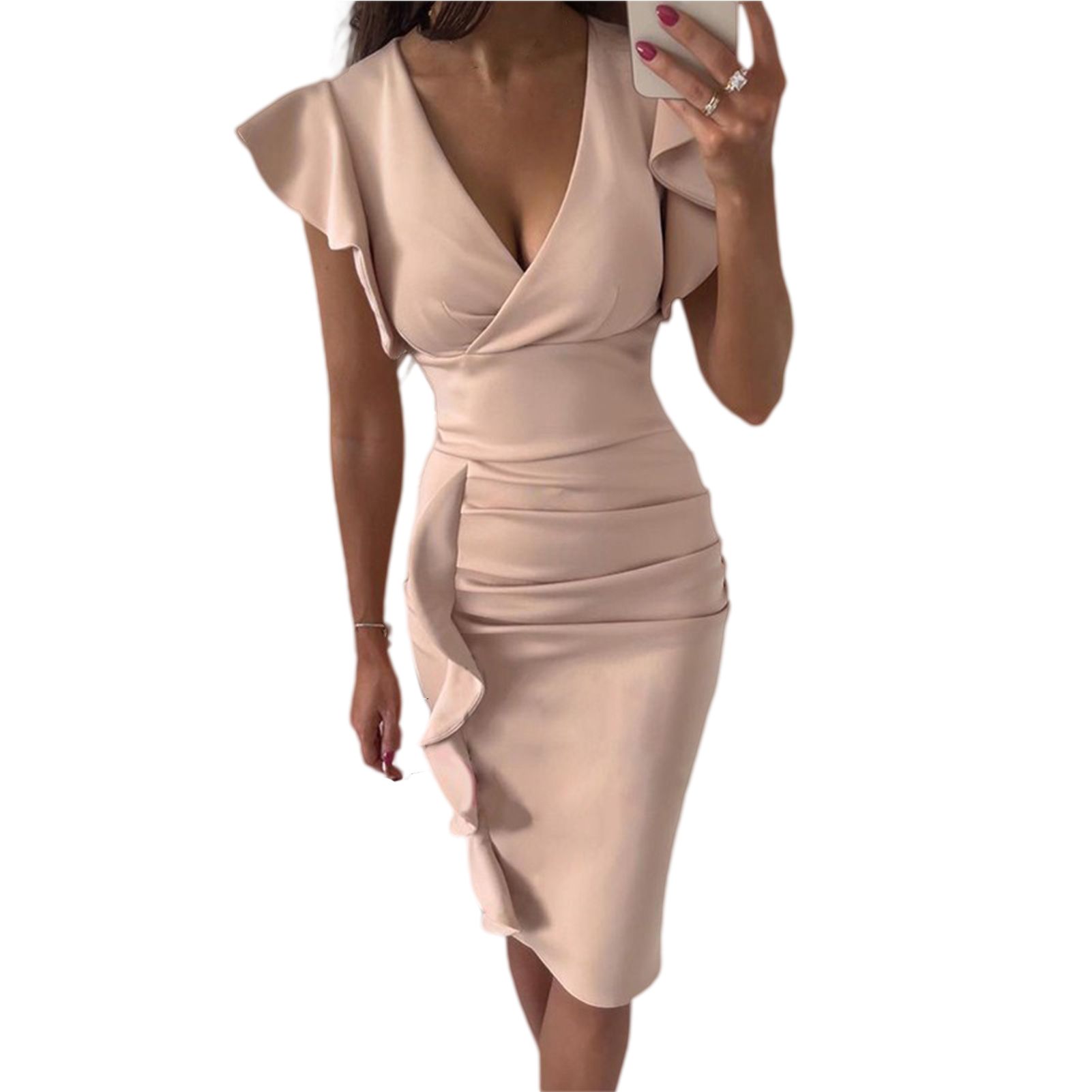 Women Dress Ribbed Ruffles Short Sleeve Party Dress
