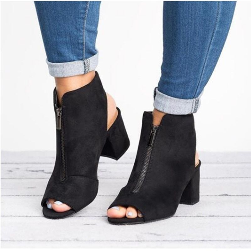 Ankle Boots Faux Suede Casual Open Peep Toe Sandals Zipper Square Heel Shoes for Women Size 34-43