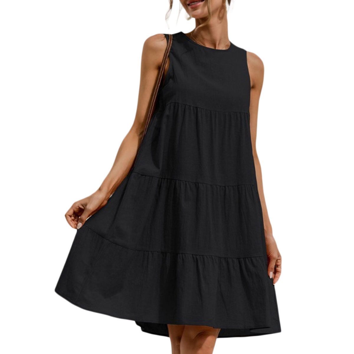 Women Solid Color Dress, Round Neck Sleeveless Back Button One-Piece, Casual Street Style Dress