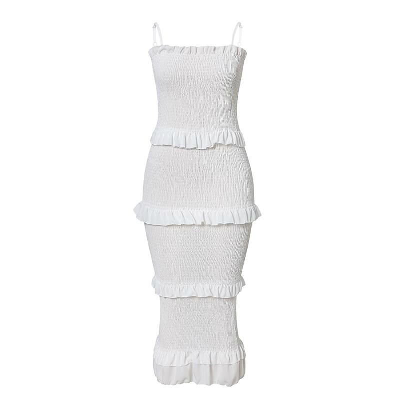 Summer Fashion Sling Long Dress Women Casual Party Dress Female Ruffles Vestidos Plus Size Natural Solid Dress