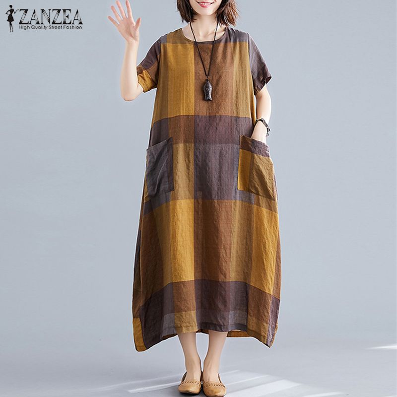 Women Casual Summer Crew Neck Plaid Check Maxi Long Dress Ladies Sundress