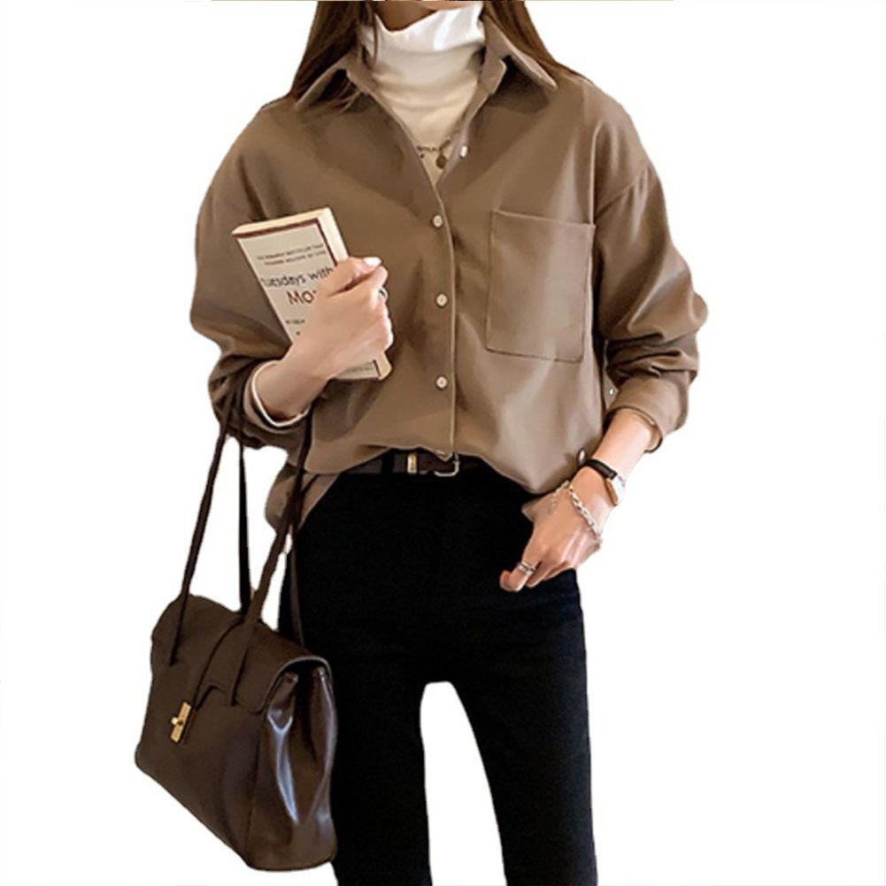 Yfashion Women Lapel Collar Shirt Long  Sleeve  Blouse, Single-breasted Loose Casual Work ops, Classic-fit on Down Shirt With Pockets color