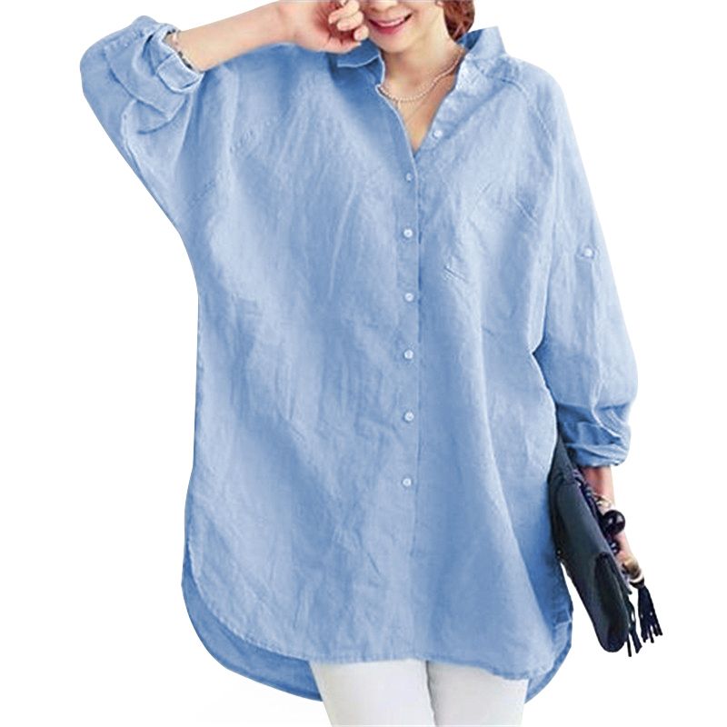 Individual Women Casual Loose Cotton Linen Blouse Office Lady OL Elegant Long sleeve Shirt Tops Blue XXL