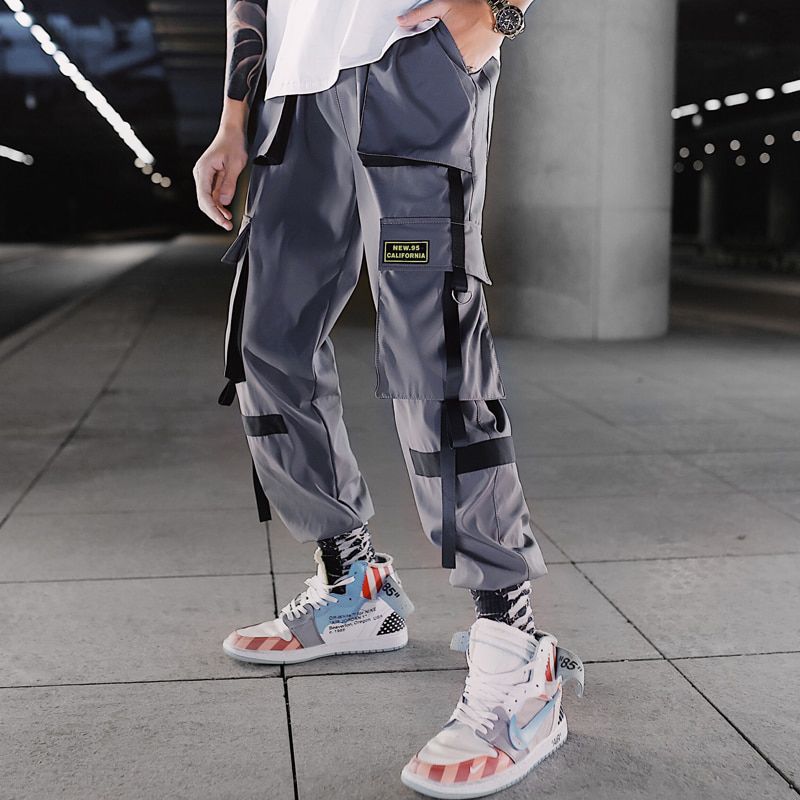 Hop Ribbons Cargo Pants Men Joggers Pants Streetwear Men Fashion Mens Elastic Waist Pant Ribbons Cotton Black W117