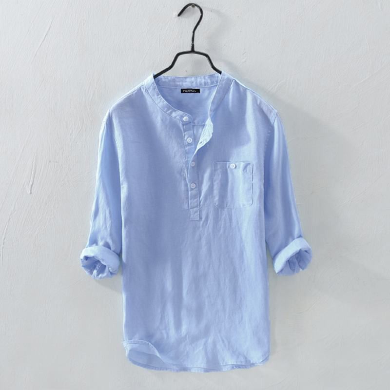 INCERUN Men Shirt Cotton 3/4 Sleeve Stand Collar Harajuku Tops Solid Color Vintage Brand Shirts 2021 Streetwear Camisa Masculina