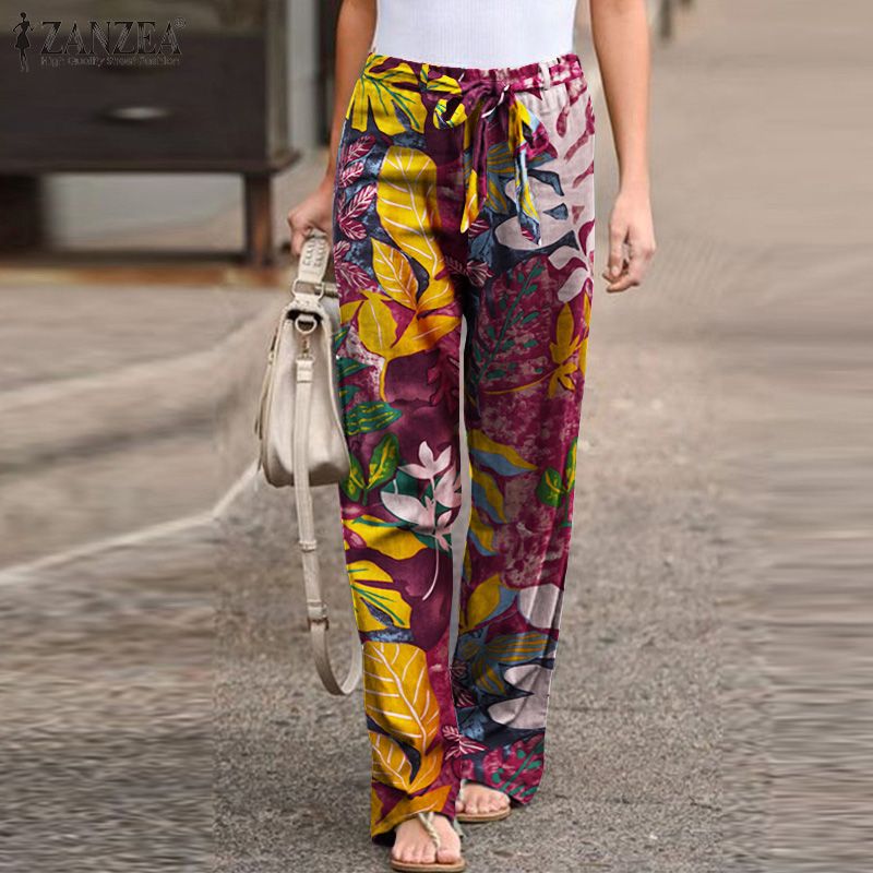 Womens Summer Beach High Waist Floral Pants Casual Loose Belt Wide Leg Trousers