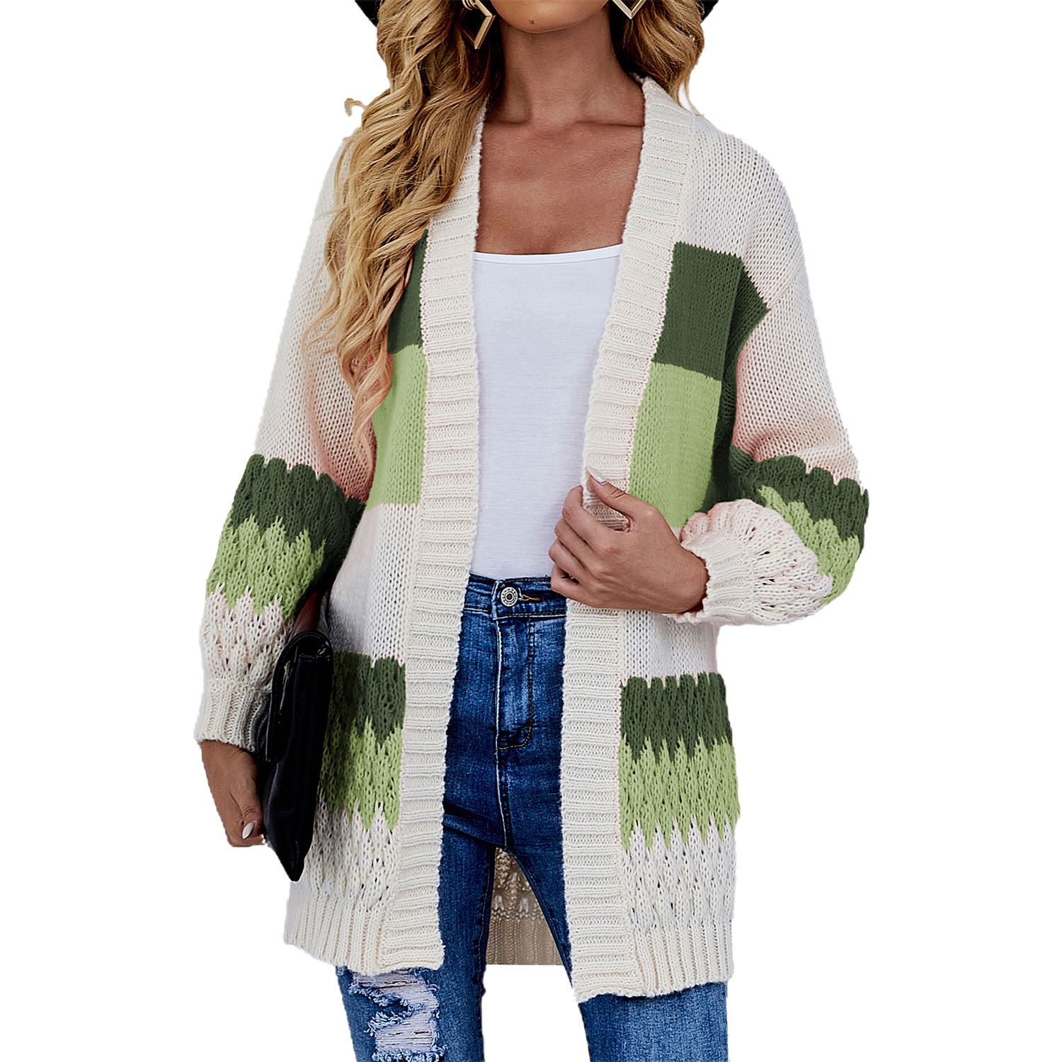 Sweater Coat Contrast Color Warm Open Stitch Coat