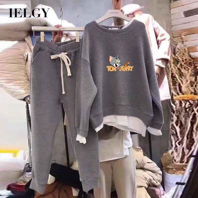 IELGY Women's clothes Casual Fashion Black Sweaters Printed All-match Cartoons Suits Long-sleeved