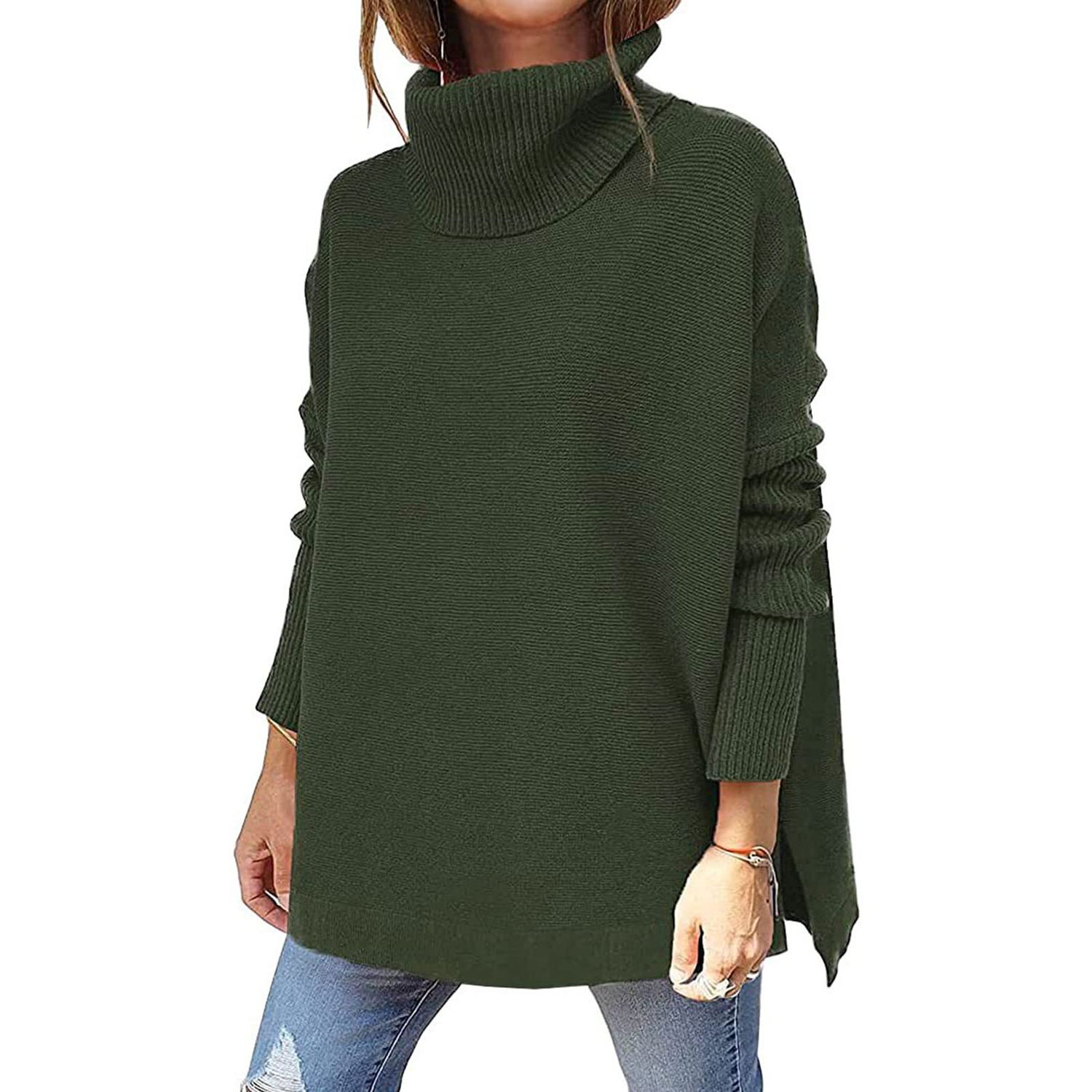 Knitted Pullover Long Sleeve Batwing Sleeve Split Hem Knitted Top