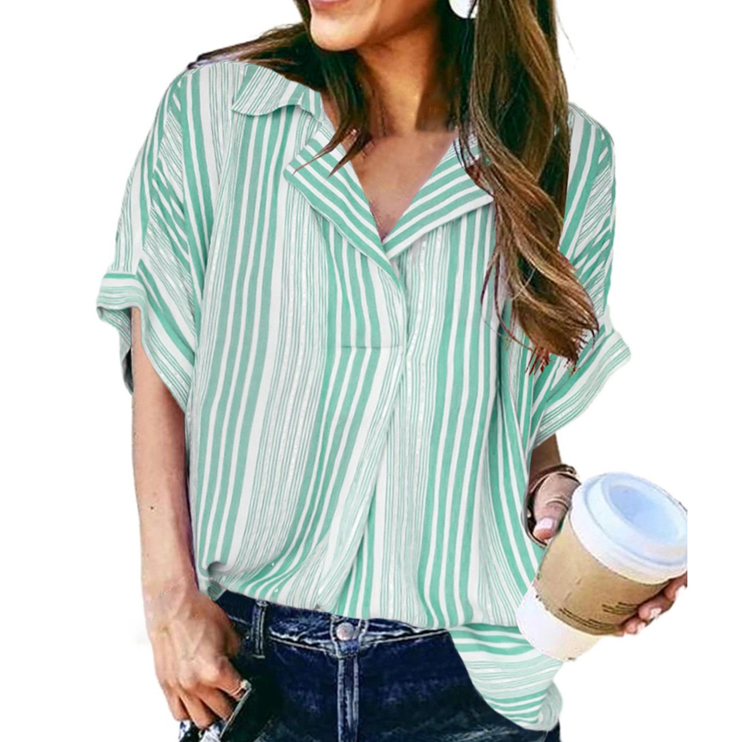 Lady Blouse Printing Strip Print Lady Blouse